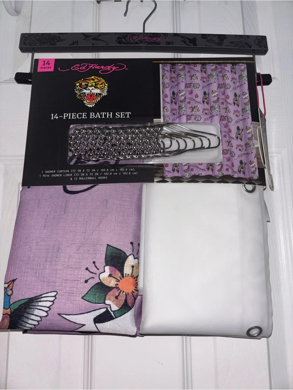 Ed Hardy Lavender Tattoo-Print Bath Set with White Liner